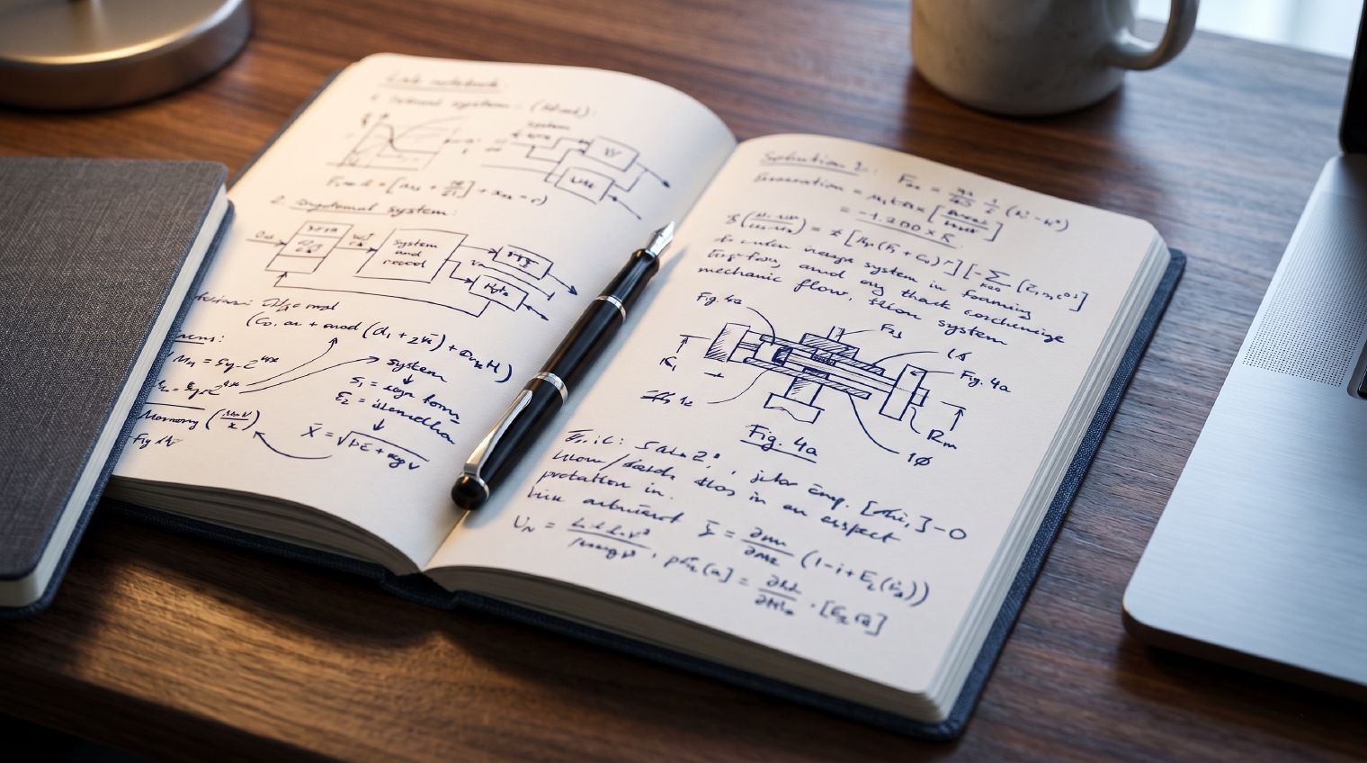 Offenes Lab-Notebook mit handschriftlichen Engineering-Skizzen, Formeln und einem Füllfederhalter auf dunklem Holzschreibtisch