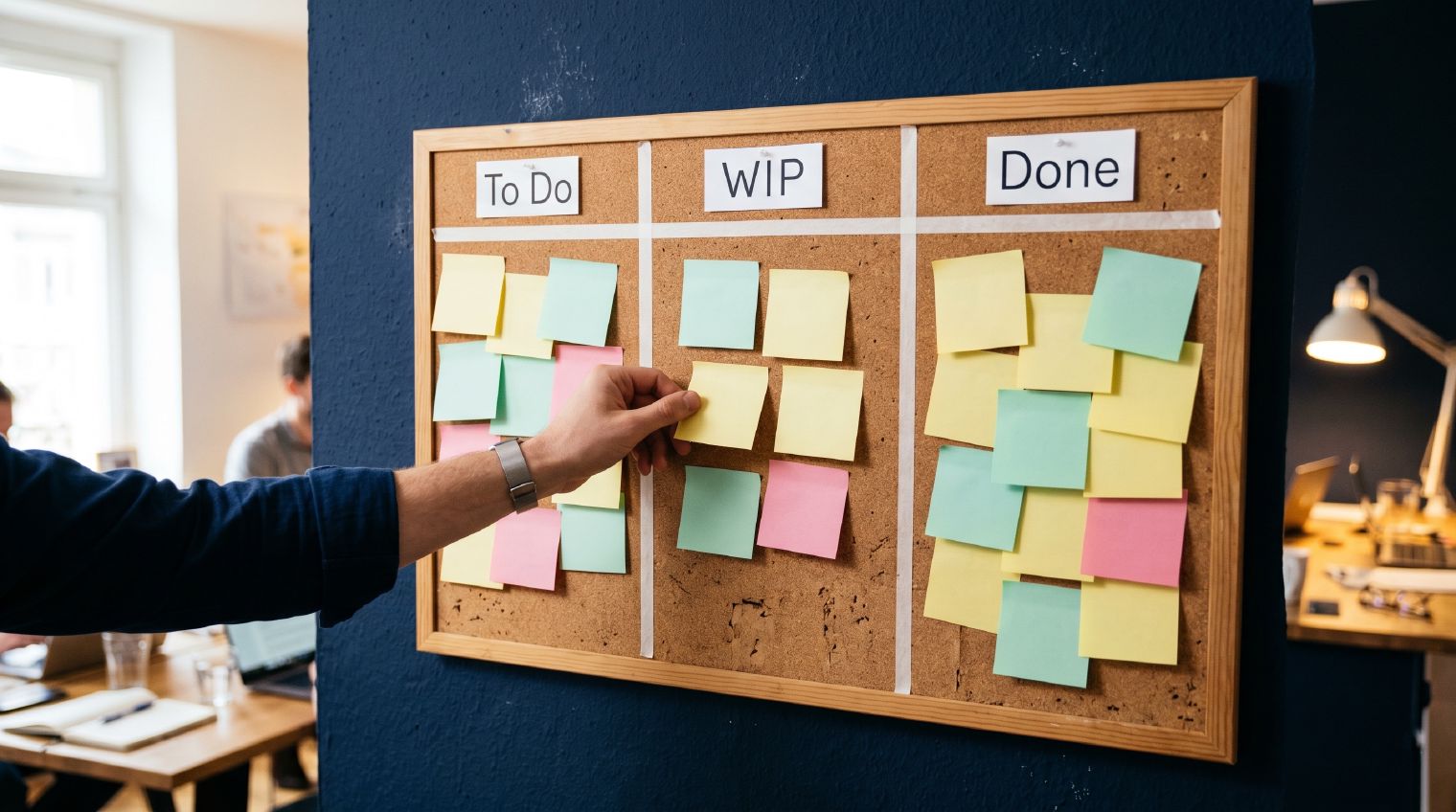 Kanban-Board mit den Spalten To Do, WIP und Done — eine Hand platziert einen Klebezettel; im Hintergrund unscharf das Workshop-Setting